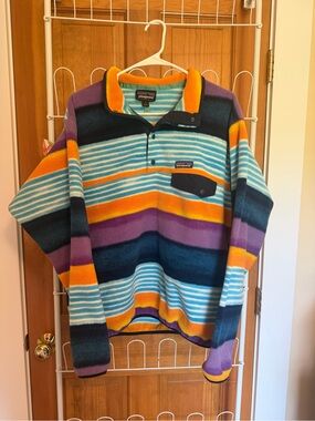 Patagonia Synchilla Multi-Stripe Snap-T Fleece Pullover in Teal, Purple & Gold